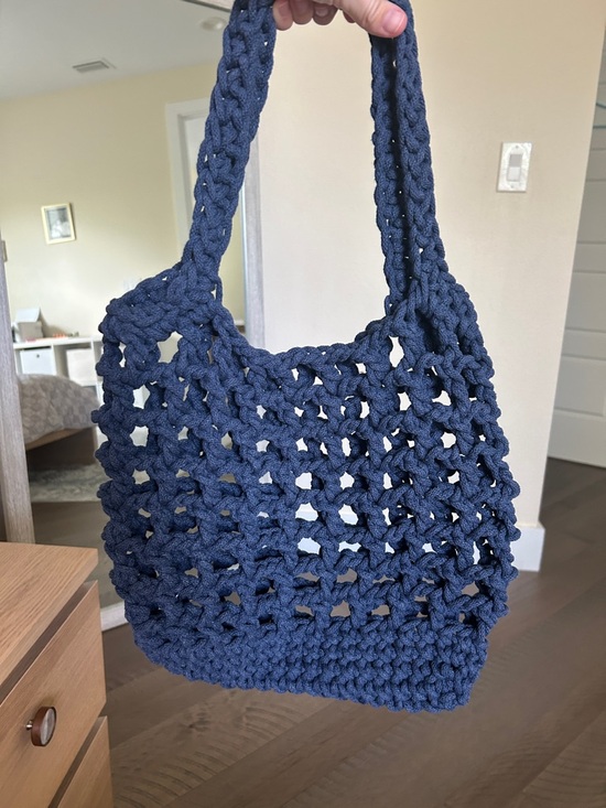 Handmade Handbags - Handcrafted Navy Crochet Tote Bag with Braided Handles